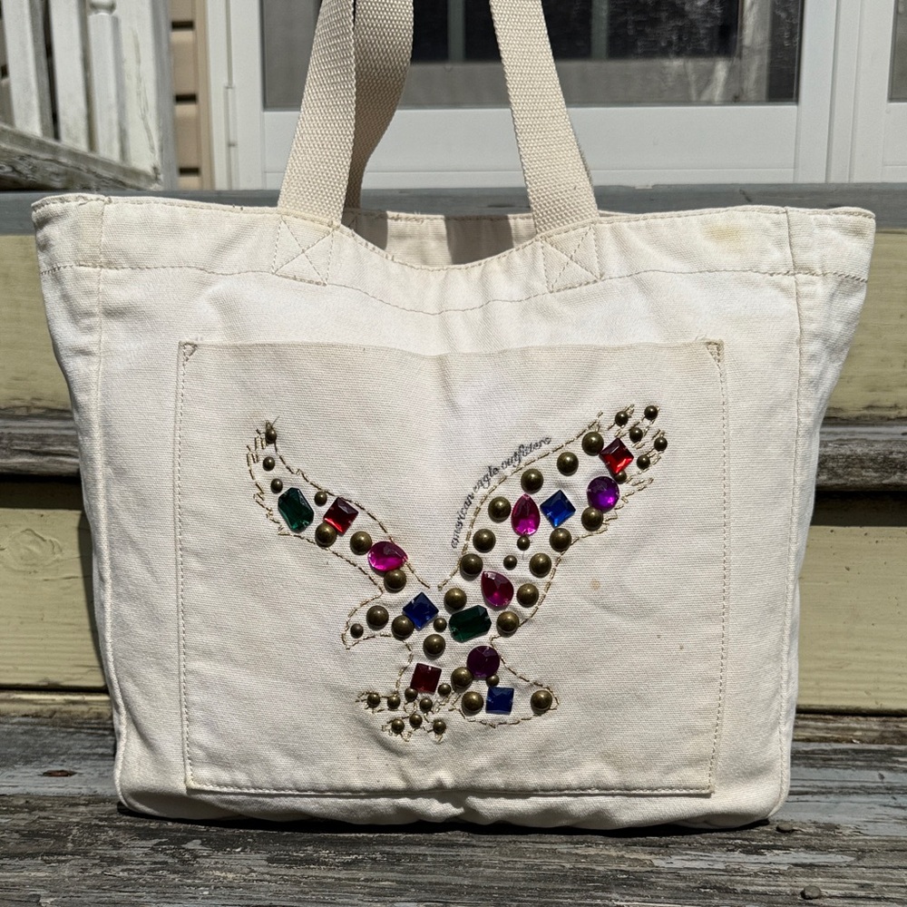 American Eagle Outfitters Cream Tote with Colorful Studs Beads school bag beach